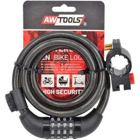 AWTOOLS - Candado de bicicleta FI 12 x 150cm con combinación, ideal para seguridad de bicicletas, diseño resistente, sistema de código, alta flexibilidad, perfecto para uso urbano y profesional.