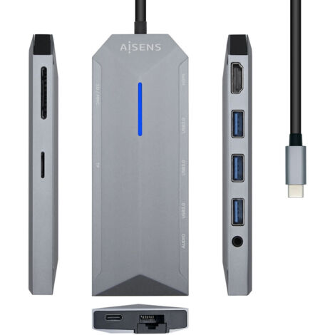 Hub USB 3.0 Tipo-C Aisens ASUC-9P001-GR/ 1 HDMI/ 3 Puertos USB 3.0/ 1 RJ45/ 1 Audio/ / 1 Lector Tarjetas / Gris (1/5)