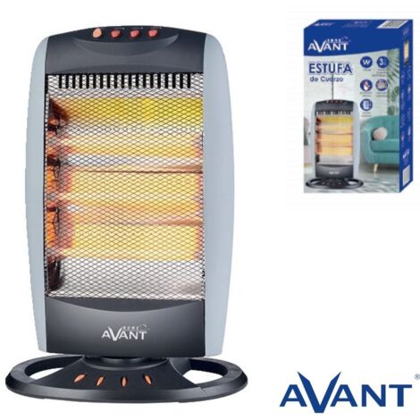 Avant AV7574 - Estufa Eléctrica De Cuarzo Oscilante De 3 Tubos, 1200w. 3 Niveles De Potencia: 400 W - 800 W - 1200 W. Interruptor Antivuelco, Protección Térmica, Función Oscilante. Gris