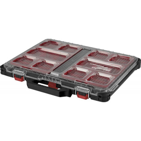 Organizador Milwaukee PACKOUT Slim – Polímero resistente a impactos – Impermeable IP65 – 2 compartimentos grandes y 8 pequeños desmontables (1/4)