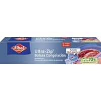 Albal Bolsas Congelación Ultra Zip 3 Litros, Fabricadas con 70% de Materiales Reciclados, Muy Resistentes, Reutilizables, Reciclables, Cierre Ultra-Zip Hermético, 12 Bolsas Grandes. Libres de BPA