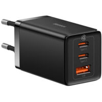 Baseus Travel Charger GaN5 Pro Fast wall charger, C+C+U, QC, AFC, PD 65W with Type-C to Type-C (100W) 1m, Black EU (CCGP120201) White