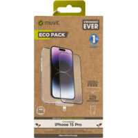 muvit for change funda compatible con Apple iPhone 15 Pro + protector de pantalla vidrio templado plano marco negro