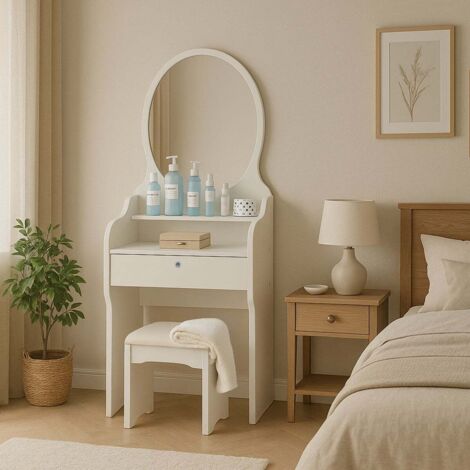 Scrivania da trucco con specchio e luci, set con cassetti e