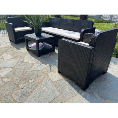 Salotto giardino Grand Soleil Positano rattan divano tavolino poltrone 5 posti per esterni - Nero