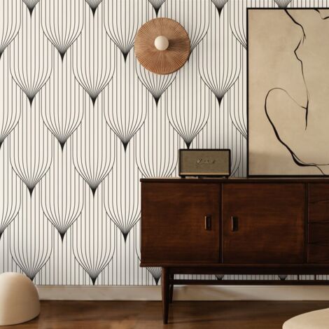 Carta da parati geometrica design vintage bianca e nera Art Déco
