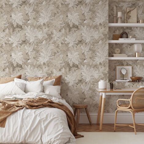 Carta da parati beige elegante floreale per camera da letto Foglie Edera