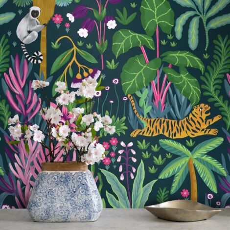 Carta da parati Giungla Tropicale con Scimmie e Tigre in Fogli di Carta, 250x200cm