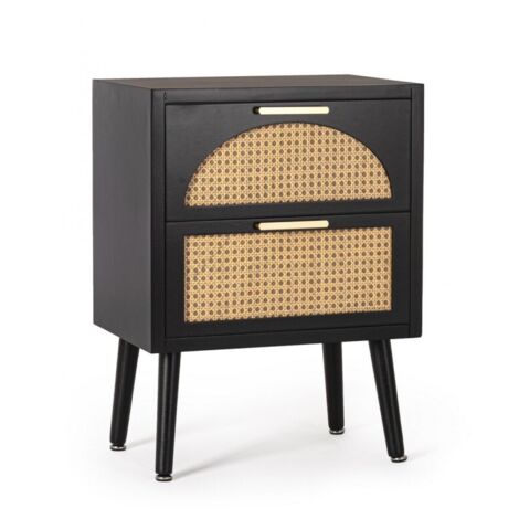 Comodino nero con 2 cassetti e dettagli rattan 45x30x60 Josine YES (1/5)