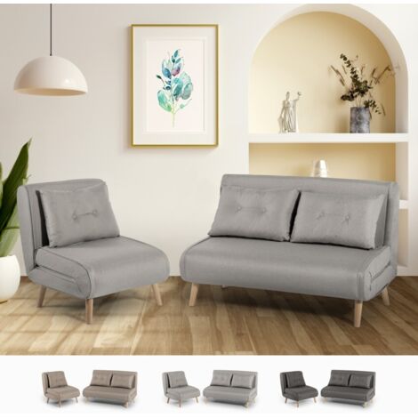 Set divano letto 2 posti scandinavo + poltrona pieghevole Sienna - Grigio (1/5)