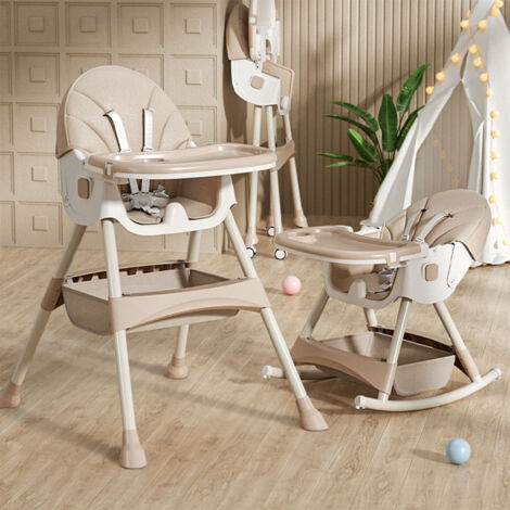 Chaise Haute Bébé 4-en-1 Évolutive Pliable | Siège Réglable Avec Plateau, Harnais 5 Points & Roulettes - Beige