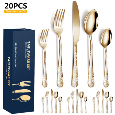 Ulisem20 pezzi Set di posate in acciaio inox lucidato a specchio con motivo floreale, inclusi coltello, forchetta, cucchiaini per cucina, ristorante, festa (oro)