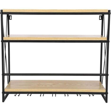 Portabottiglie da Vino Portabottiglie da Parete Industriale con 3 portabicchieri a Stelo, 3 portabicchieri d'Acqua, mensole galleggianti in Pino a 2 Livelli, espositore per Decorazioni per c