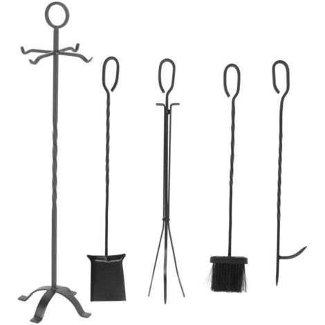 Set di attrezzi per camino Ulisem da 5 pezzi, accessori per camino in metallo, con scopa, pala, pinze, attizzatoio e supporto, nero (1/4)