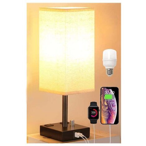 Lampada da comodino Ulisem Touch con 2 porte di ricarica USB, dimmerabile a 3 vie, paralume in tessuto, base in ferro battuto, lampada da tavolo per soggiorno, camera da letto, hotel (lampadina inclus