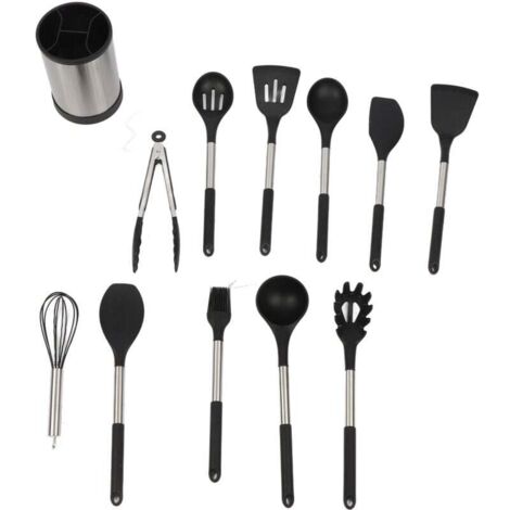 UlisemLot de 12 ustensiles de cuisine en silicone avec poignée, résistants à la chaleur, antiadhésifs, spatule, cuillère, passe au lave-vaisselle, meilleurs outils de cuisine (noir)