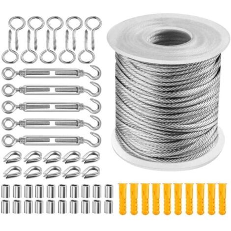 Kit di cavi in acciaio inossidabile Ulisem50m, cavo da 2 mm, maglia in acciaio rivestita in PVC, cavo in acciaio con occhielli, tenditore per cavi M5, tenditore in acciaio inossidabile per asciugatric (1/4)