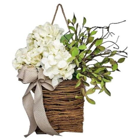 Ghirlanda di cesti appesi con fiori di campo e messaggio di benvenuto per la decorazione dell'ingresso di Pasqua