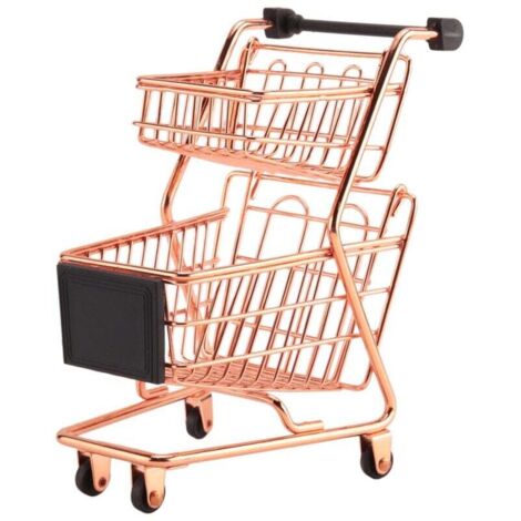 Mini carrello della spesa in metallo a due ripiani con cestino portaoggetti, oro rosa (1/4)
