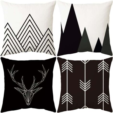 Set di 4 federe quadrate in peluche corte e morbide, minimaliste, con motivo geometrico bianco e nero a forma di cervo, per divano, camera da letto, auto, sedia, arredamento per la casa, 45x45 cm. (1/4)