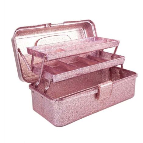 Scatola portautensili per lavori artigianali con glitter rosa, custodia impilabile a 3 strati, organizer per cucito