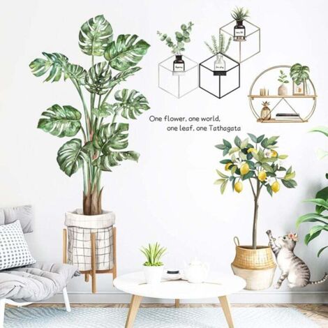 Adesivi murali con piante tropicali a foglia verde, adesivi murali con palme, decorazioni murali con gatti e alberi di limone per camera da letto, soggiorno, aula, ufficio, arredamento per la casa (1/4)