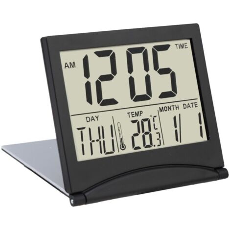 Vtizikl Horloge avec Date et Jour LCD Alarme de Voyage Pliable – Digitale Réveil Numérique - Horloge de Bureau, Table avec Indication de la température et de la Date – Noir (1/4)