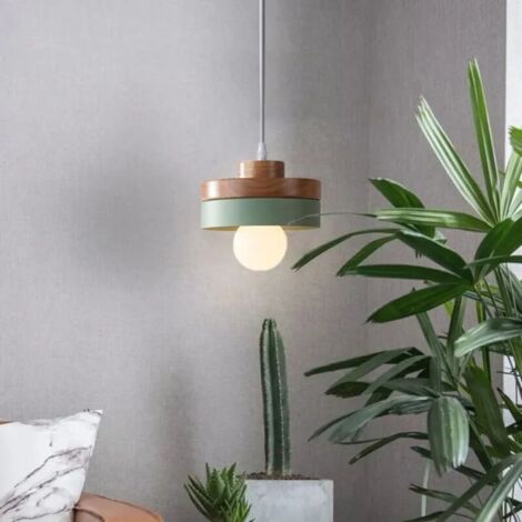 Vtizikl Suspension Moderne Rond Lustre Abat-jour en Bois et Métal Vert, E27 Luminaire Éclairage de Plafond pour Salon Salle (1/4)