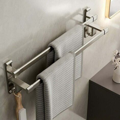 Portasciugamani da bagno Ulisem, senza fori, portasciugamani a doppio braccio, portasciugamani da bagno in alluminio a doppio spazio, portasciugamani autoadesivo, grigio metallizzato