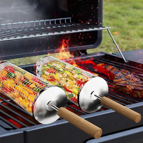Set di cestelli per griglia arrotolabili inseribili con manico in legno, accessori per barbecue per grigliate all'aperto per verdure (1/4)
