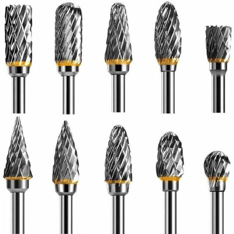 KZQ 10 pezzi set di frese rotanti in carburo di tungsteno a doppio taglio con gambo da 1/8" per intaglio del legno, lucidatura del metallo, incisione e foratura. (1/4)