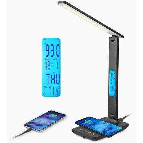 Lampada da scrivania a LED (nera) con ricarica wireless da 10 W e porta di ricarica USB, 3 temperature di colore, 3 livelli di luminosità, controllo touch, funzioni di ora, temperatura e orologio da s (1/4)