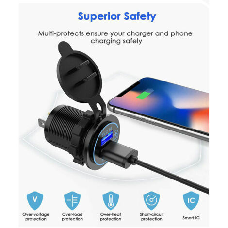 Caricabatterie USB rapido per auto con due porte USB QC3.0, impermeabile da 5 V con voltmetro digitale a LED per moto, roulotte, camion, barca e altro ancora. (1/4)