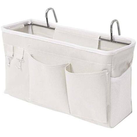 Borsa portaoggetti bianca da comodino con gancio per il prestito, borsa appesa, borsa portaoggetti per letto a castello, può contenere libri, riviste, cellulari, cuffie, contenitore da comodino (1/4)