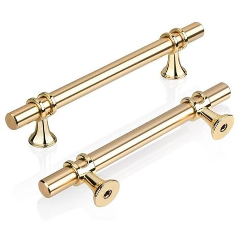 Confezione da 2 maniglie a T dorate per mobili da cucina, 96 mm, moderne ed eleganti, in lega di zinco dorata, per porta, cassetto, cucina, bagno, camera da letto, ufficio, viti incluse. (1/4)