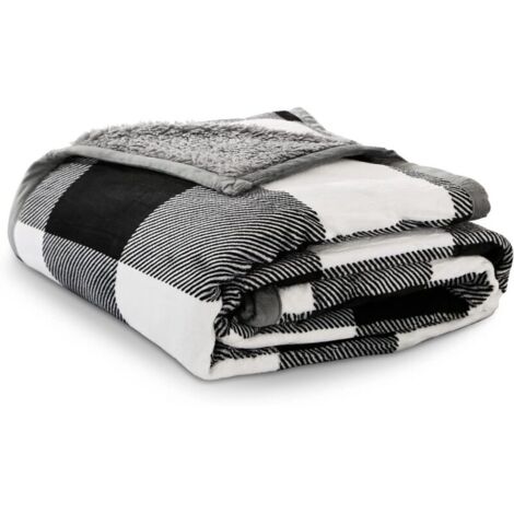 Coperta in pile 130 x 150 cm, morbida e confortevole coperta di lana per l'inverno, super calda, coperta da divano, motivo a quadri bianchi e neri, stile classico, coperta in flanella reversibile, sem (1/4)