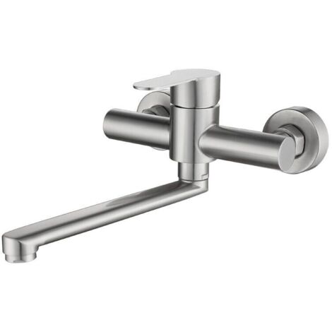 Rubinetto da cucina a parete, miscelatore da cucina a parete in acciaio inox, girevole a 360° per lavello da cucina, acqua calda e fredda regolabile, fori di montaggio regolabili, spazzolato (1/4)