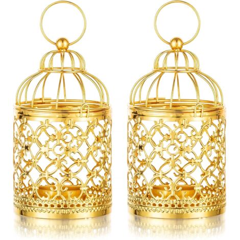 Portacandele Lanterna con Gabbia in Metallo - 2 Pezzi Piccoli Candelieri Sospesi per Candelabri Tealight, Centrotavola Tealight Decorativo Vintage per Feste di Matrimonio in Soggiorno, Oro (1/5)