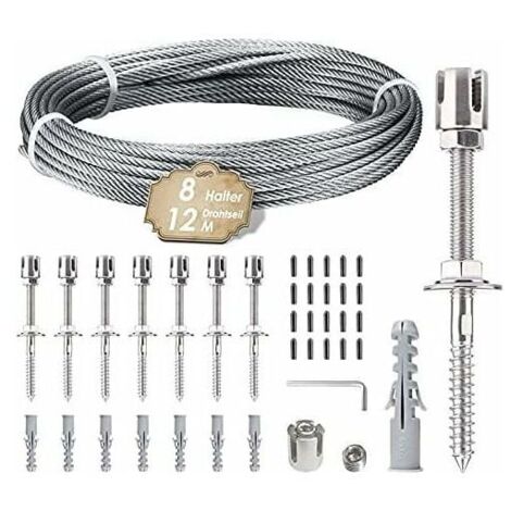 Supporto per piante rampicanti. Kit di sospensione con fune in acciaio inox da 12 m. Include cavo da 3 mm e 8 tenditori. Adatto a giardini, muri in cemento, pannelli di recinzione e legno massello. (8 (1/4)