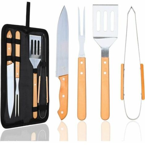 utensili per barbecue, accessori per barbecue in acciaio inox di alta qualità con manico in legno, kit per barbecue portatile con borsa per campeggio, viaggi, giardino, regali per uomo (4 pezzi) (1/4)