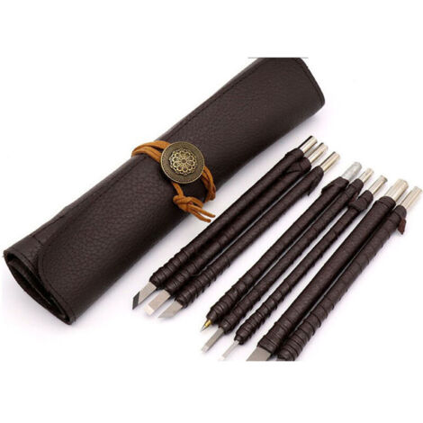 Scalpelli per legno, coltello, 2 mm-8 mm, punta piatta in carburo di tungsteno, utensile manuale per lavorazione del legno, lunghezza 150 mm, con manico in pelle, set da 10 pezzi (1/4)
