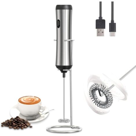 Montalatte elettrico, miscelatore per schiuma di latte, potente 10.000-14.000 giri/min, con supporto in acciaio inossidabile, frusta elettrica, montalatte, per latte, cappuccino, argento (1/4)