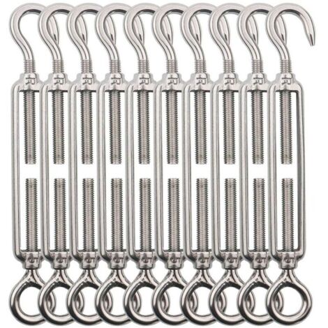 Tenditore a gancio e occhiello M5, tenditore in filo di acciaio inossidabile 304/tenditore a cavo in acciaio inossidabile per stendibiancheria, cavo in acciaio, fune in acciaio - 10 pezzi (1/4)