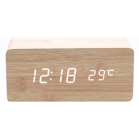 1 pz. Sveglia in legno beige con caricabatterie wireless, compatibile con iPhone Samsung Orologio digitale a LED in legno Funzione di controllo del suono, visualizzazione di ora, data e temperatura (1/3)