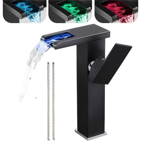 Rubinetto per bagno nero con illuminazione a LED, cascata a 3 colori cangianti, maniglia singola, rubinetto per lavabo monoforo,senza troppo pieno, montato su piano WC alto (con tubi) (1/5)