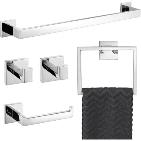 Set di accessori per il bagno da 60 cm, 5 pezzi, in cromo lucido, con barra portasciugamani, anello porta carta igienica e 2 ganci per asciugamani, montaggio a parete in acciaio inossidabile (1/5)