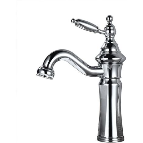 Rubinetto per lavabo da bagno, miscelatore monocomando per vasca in ottone anticato, acqua calda/fredda, cromato (con tubi flessibili) (1/5)