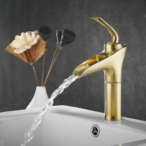 RubinettoRubinetti per lavabo in ottone massiccio corto da bagno in oro spazzolato, miscelatore per lavabo retrò antico, acqua calda e fredda regolabile, valvola in ceramica (con tubi flessibili) (1/5)