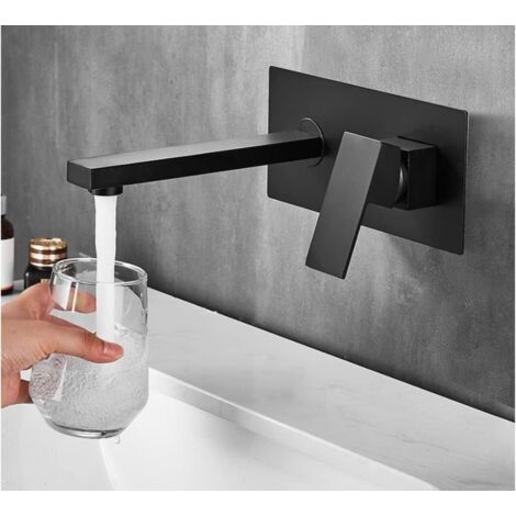 Rubinetto da bagno a parete  Miscelatore per lavello, miscelatore per acqua calda e fredda, senza perdite, installazione facile e veloce, ottone, acciaio inossidabile, elegante, nero opaco, quadrato (1/4)