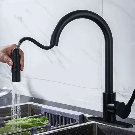 Rubinetto da cucina nero estraibile, girevole a 360°, 3 funzioni, alta pressione, silenzioso, risparmio idrico Nucleo ceramico (con tubi) (1/5)